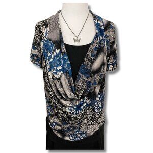 REITMANS Asian floral cloud print short sleeve cowl neck top SMALL MEDIUM shirt